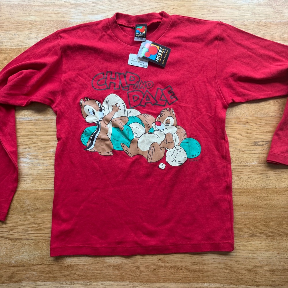 Disney Mickey Unlimited Chip and Dale Red Long Sleeve T-Shirt Vintage Japan NWT